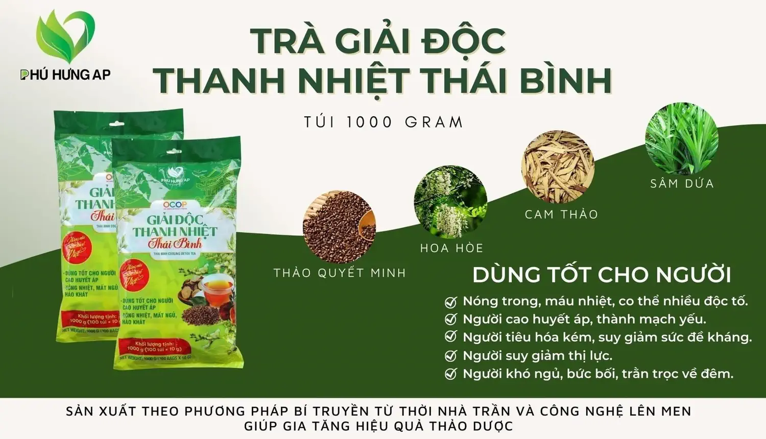 Thành phần và công dụng Trà Giải Độc Thanh Nhiệt Thái Bình 1Kg Phú Hưng AP chính hãng giá tốt - Kuchen Vietnam