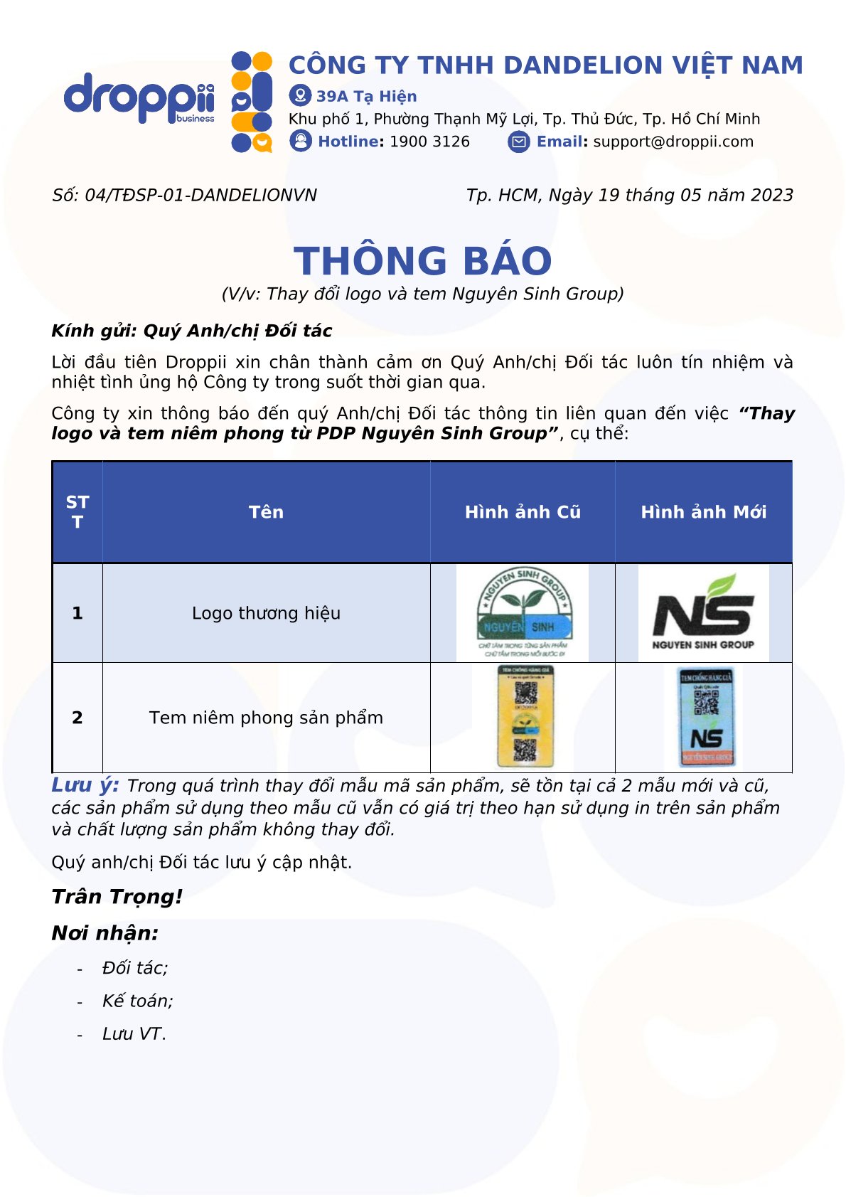 Nguyên Sinh Group thông báo thay đổi tem niêm phong và logo - Kuchen Vietnam