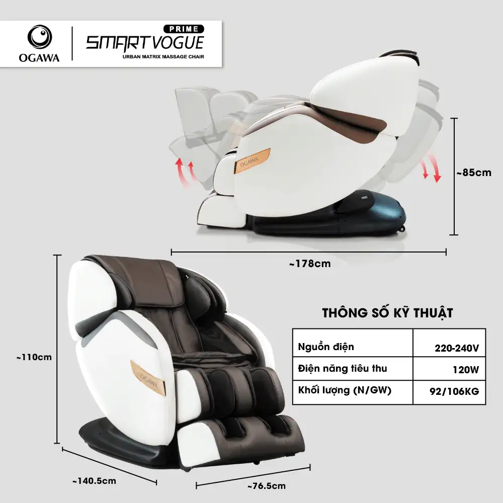 Thông số kỹ thuật Ghế massage Smart Vogue Prime (OG-5569) Ogawa Malaysia chính hãng giá tốt - Kuchen Vietnam