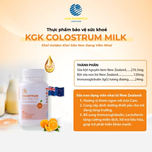 Viên nhai sữa non KGK Milk Colostrum vị cam (orange) - Lyna Pharmtech - Kuchen Vietnam