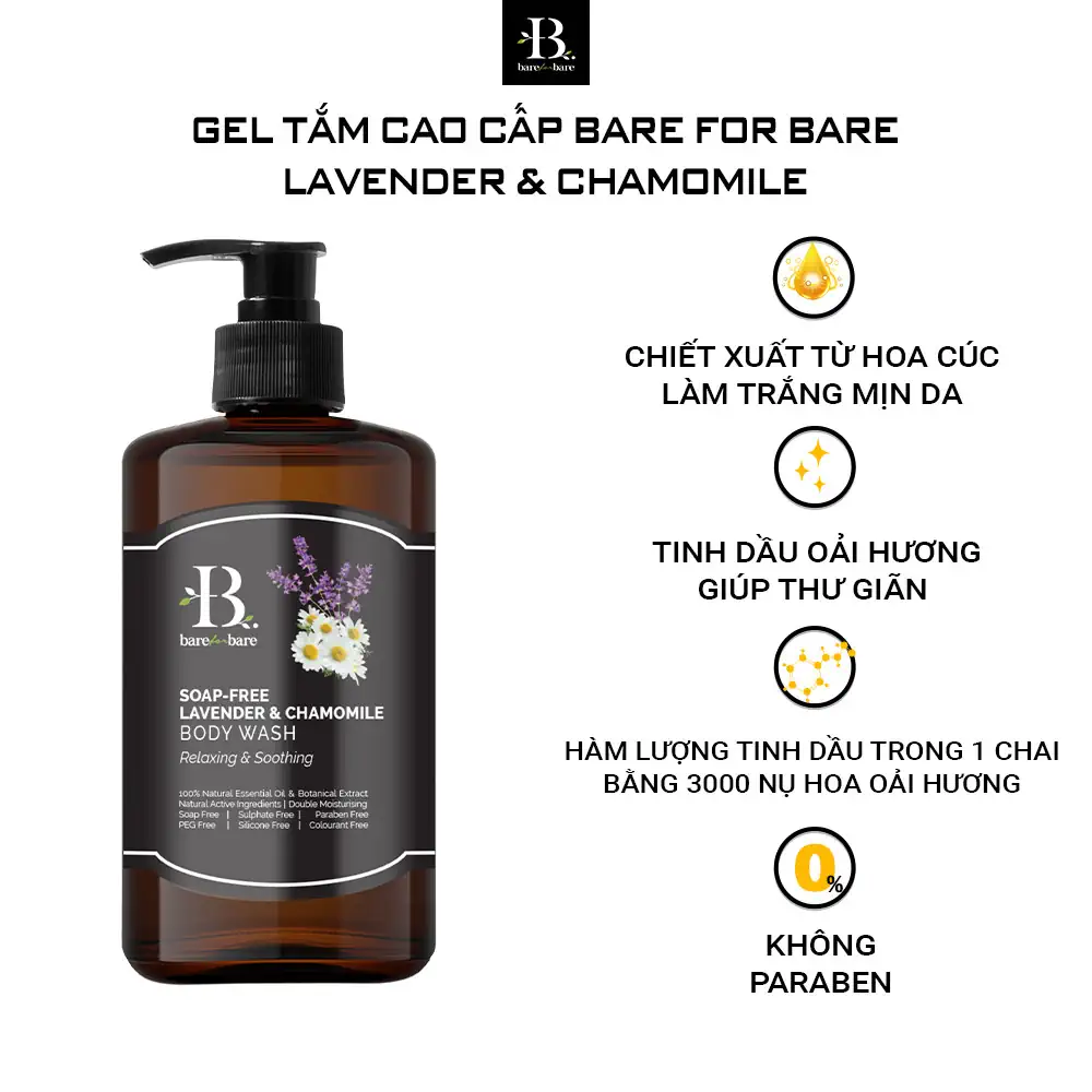 Gel tắm dưỡng ẩm Bare For Bare - Lavender & Chamomile (thư giãn & làm dịu) - Kuchen Vietnam