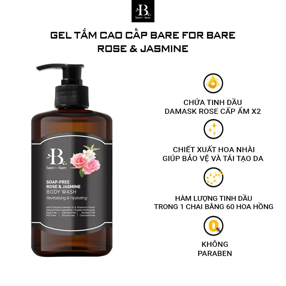 Gel tắm dưỡng ẩm Bare For Bare - Rose & Jasmine (phục hồi & dưỡng ẩm) - Kuchen Vietnam