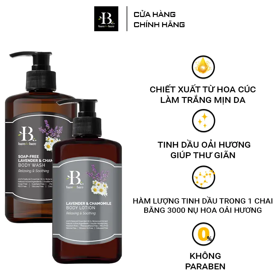 Ưu điểm Bộ chăm sóc cơ thể Lavender & Chamomile chính hãng giá tốt - Cấp ẩm thư giãn và làm dịu Bare for Bare - Kuchen Vietnam