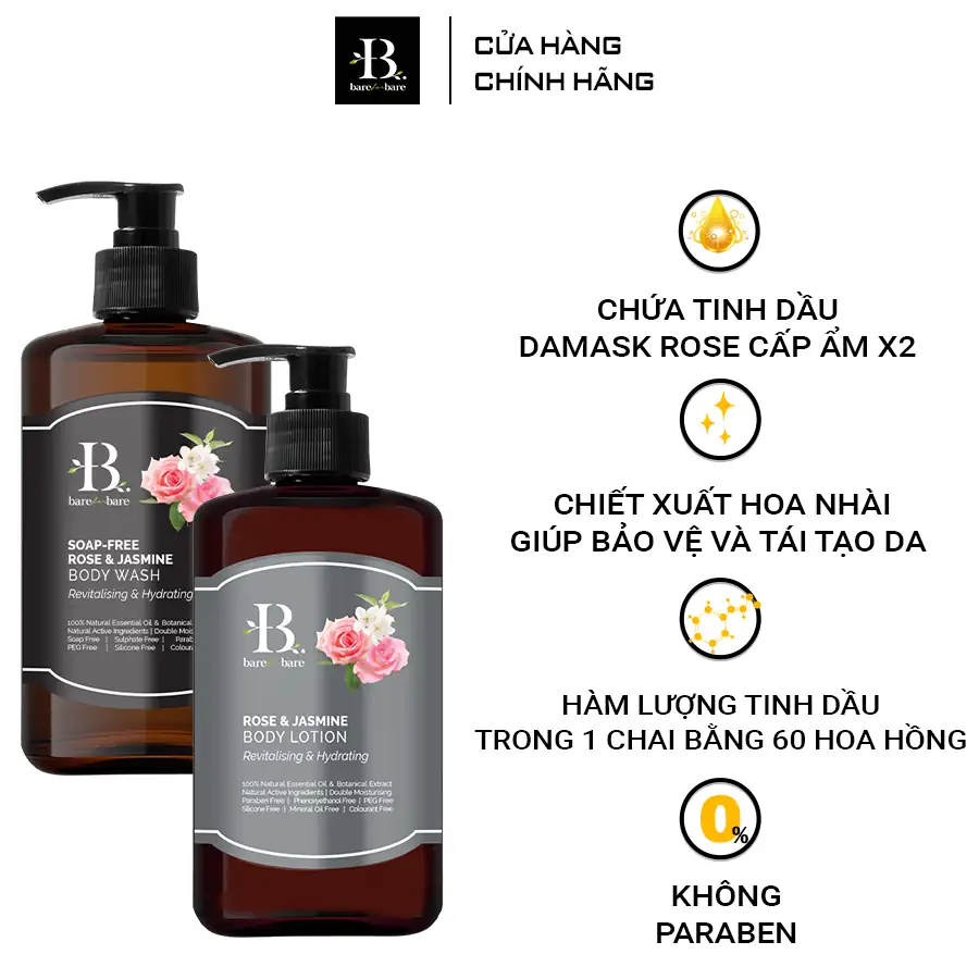 Ưu điêm Bộ chăm sóc cơ thể Rose and Jasmine - gel tắm và sữa dưỡng thể Cấp ẩm và phục hồi Bare for Bare - Kuchen Vietnam