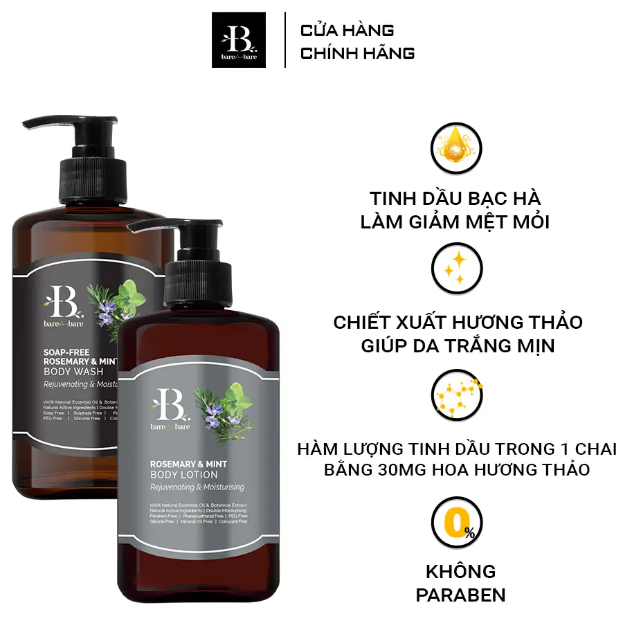 Ưu điểm Bộ chăm sóc cơ thể Rosemary & Mint - Dưỡng ẩm và trẻ hóa Bare for Bare chính hãng giá tốt - Kuchen Vietnam